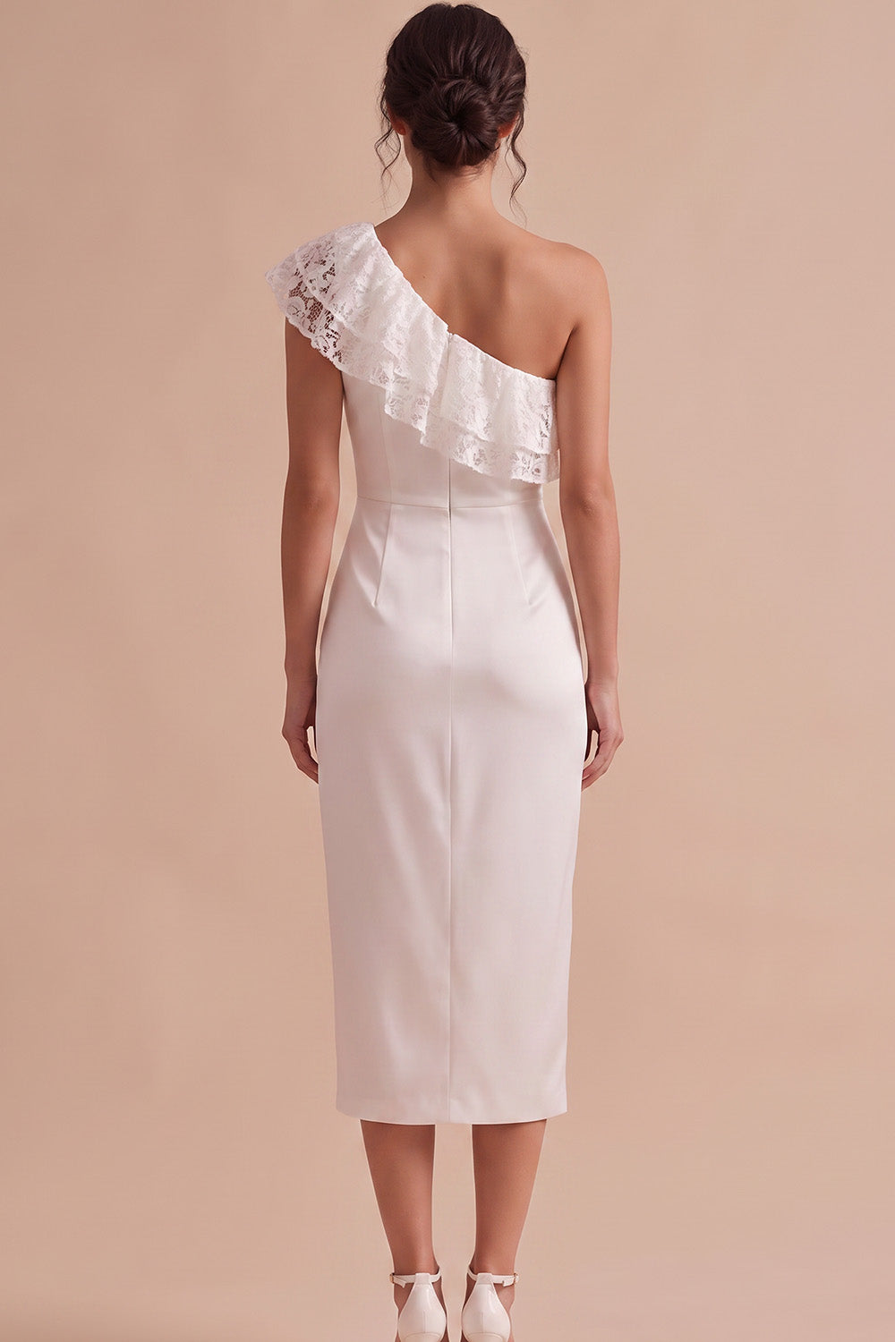 White Satin One Shoulder Ruched Midi Engagement Dress with Lace