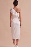 White Satin One Shoulder Ruched Midi Engagement Dress with Lace