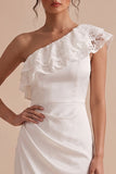 White Satin One Shoulder Ruched Midi Engagement Dress with Lace
