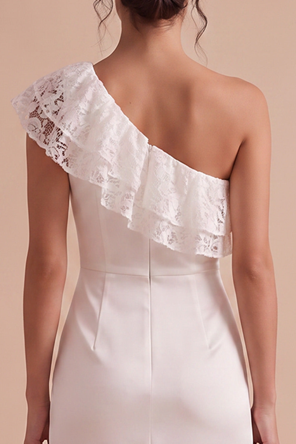 White Satin One Shoulder Ruched Midi Engagement Dress with Lace