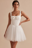White Corset Square Neck Tulle Short Graduation Dress with Bow