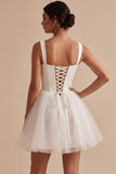 White Corset Square Neck Tulle Short Graduation Dress with Bow