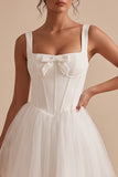 White Corset Square Neck Tulle Short Graduation Dress with Bow