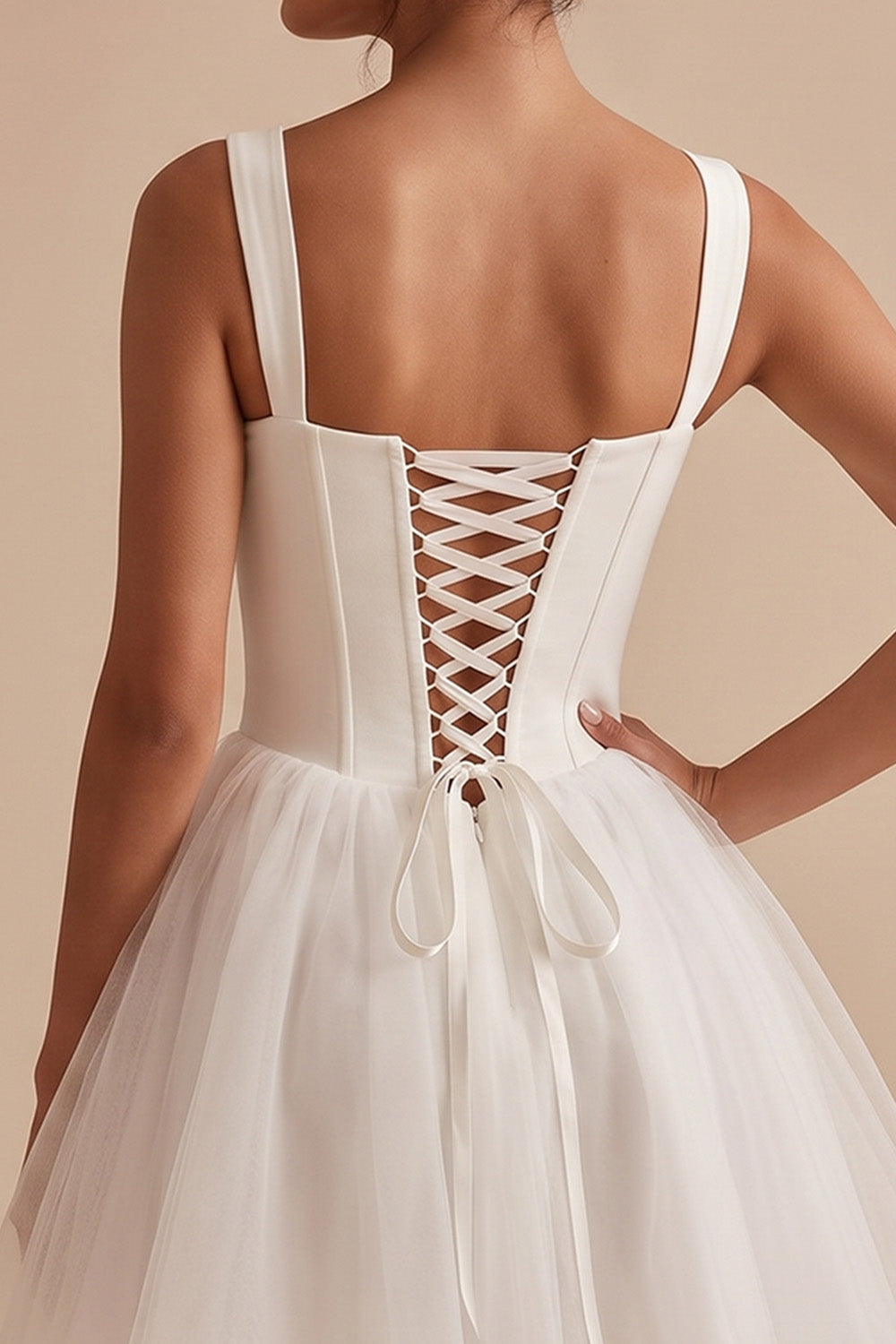 White Corset Square Neck Tulle Short Graduation Dress with Bow