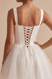 White Corset Square Neck Tulle Short Graduation Dress with Bow