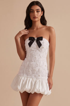 White Strapless Floral Beaded Bubble Short Graduation Dress with Bow