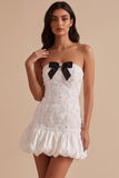 White Strapless Floral Beaded Bubble Short Graduation Dress with Bow