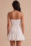 White Strapless Floral Beaded Bubble Short Graduation Dress with Bow