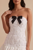 White Strapless Floral Beaded Bubble Short Graduation Dress with Bow