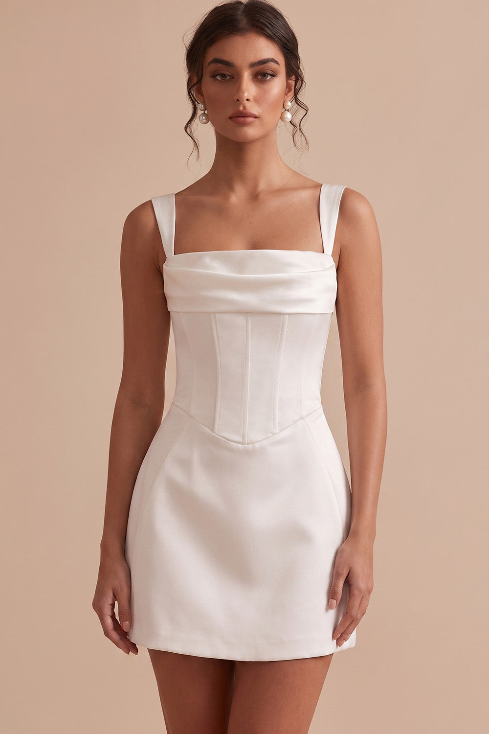 White Satin Corset Tight Square Neck Short Graduation Dress