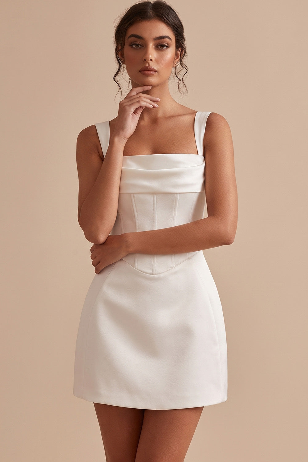 White Satin Corset Tight Square Neck Short Graduation Dress