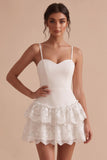 White A Line Tiered Ruffled Short Graduation Dress with Lace