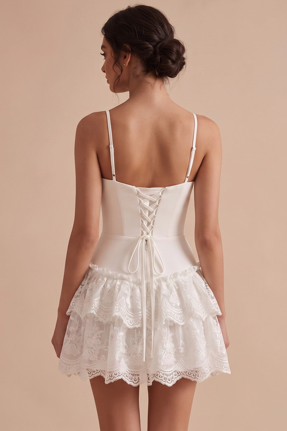 White A Line Tiered Ruffled Short Graduation Dress with Lace