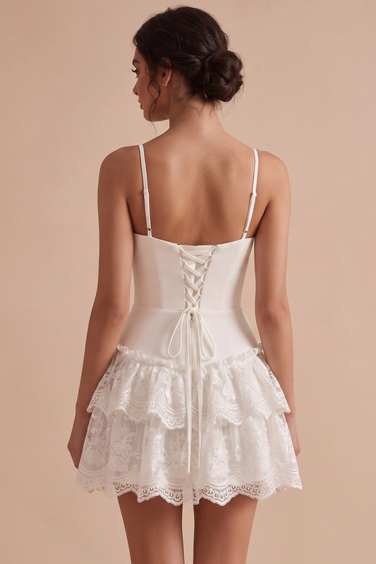 White A Line Tiered Ruffled Short Graduation Dress with Lace