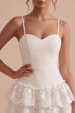 White A Line Tiered Ruffled Short Graduation Dress with Lace