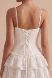 White A Line Tiered Ruffled Short Graduation Dress with Lace