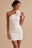 White Tight One Shoulder Satin Short Graduation Dress with 3D Flower