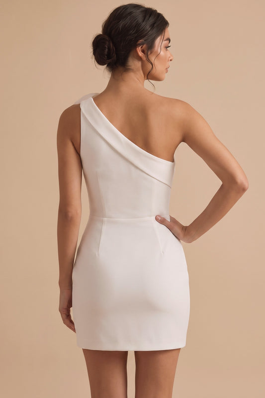 White Tight One Shoulder Satin Short Graduation Dress with 3D Flower