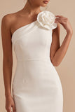 White Tight One Shoulder Satin Short Graduation Dress with 3D Flower