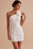 White Tight One Shoulder Satin Short Graduation Dress with 3D Flower