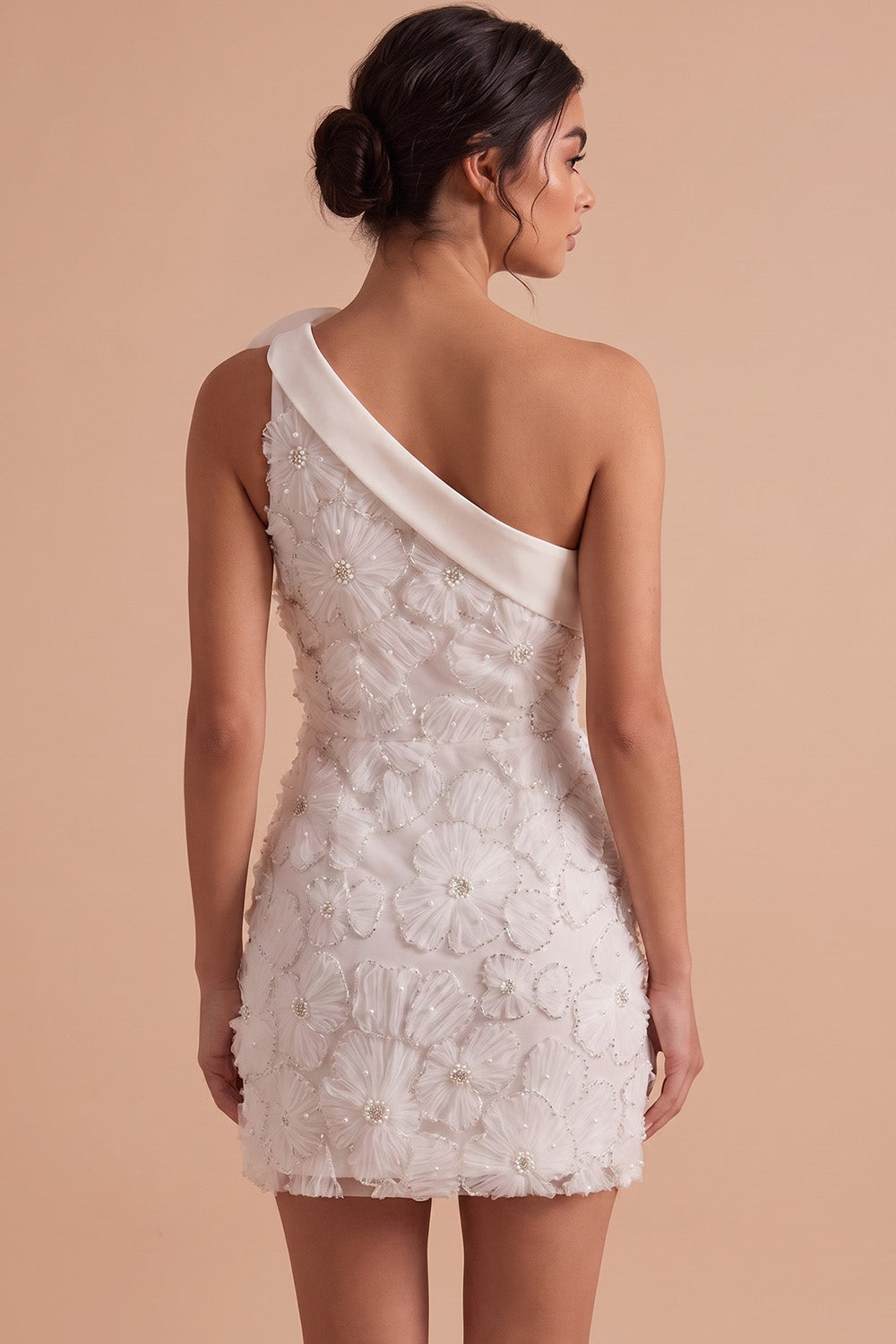 White Tight One Shoulder Satin Short Graduation Dress with 3D Flower