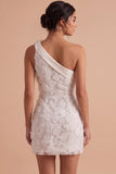 White Tight One Shoulder Satin Short Graduation Dress with 3D Flower