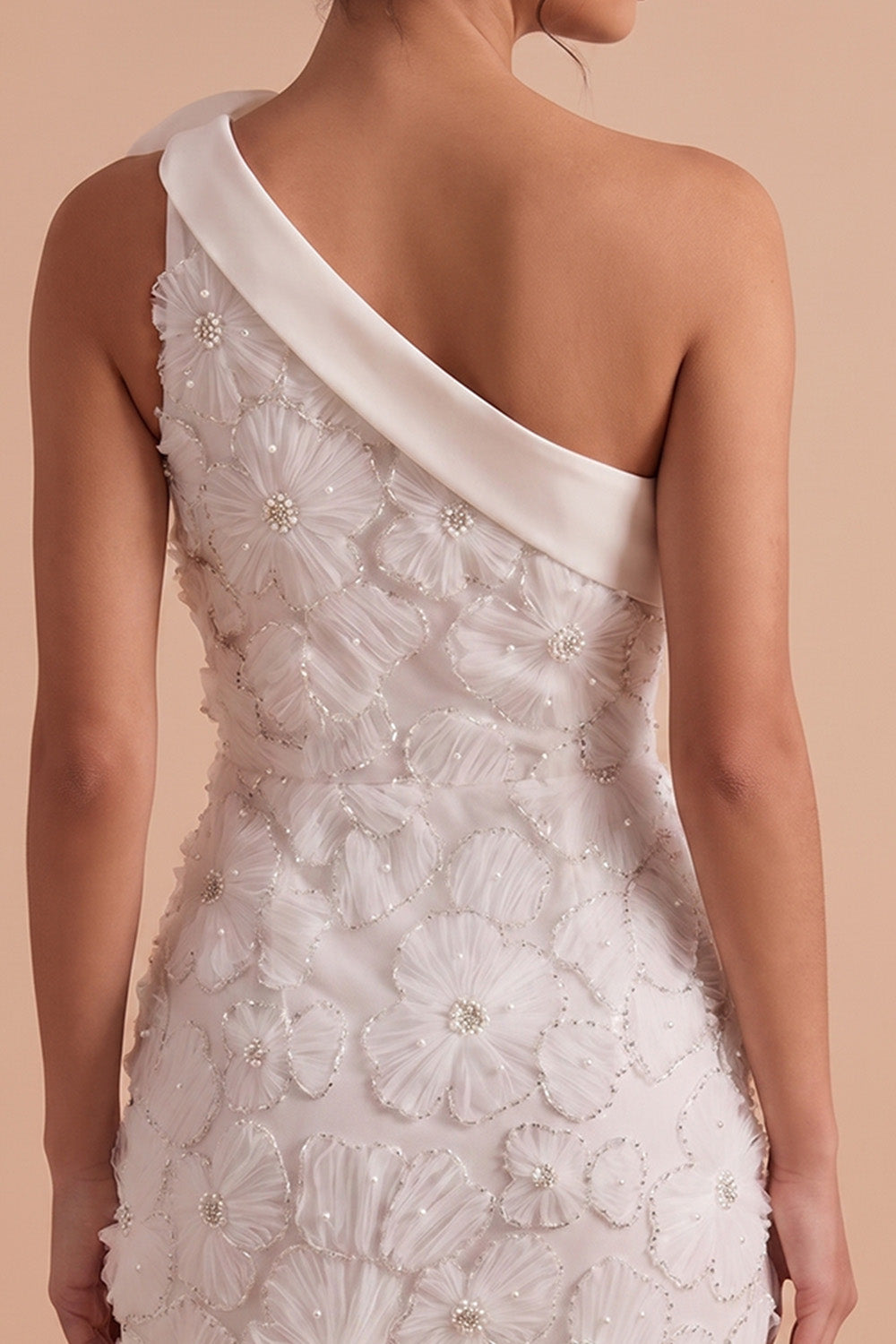 White Tight One Shoulder Satin Short Graduation Dress with 3D Flower