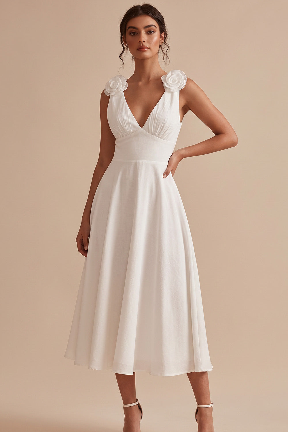 White Ruched A-Line V-Neck Midi Engagement Dress with 3D Flowers