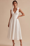 White Ruched A-Line V-Neck Midi Engagement Dress with 3D Flowers