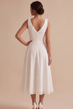 White Ruched A-Line V-Neck Midi Engagement Dress with 3D Flowers