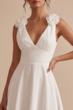 White Ruched A-Line V-Neck Midi Engagement Dress with 3D Flowers