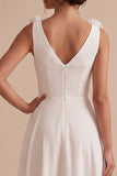 White Ruched A-Line V-Neck Midi Engagement Dress with 3D Flowers