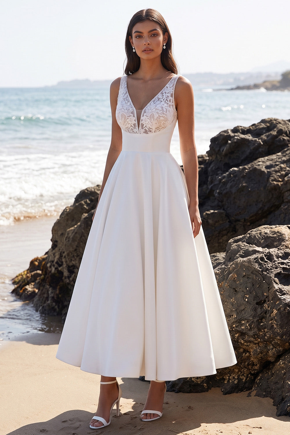 White A-Line Floral V-Neck Satin Long Wedding Dress