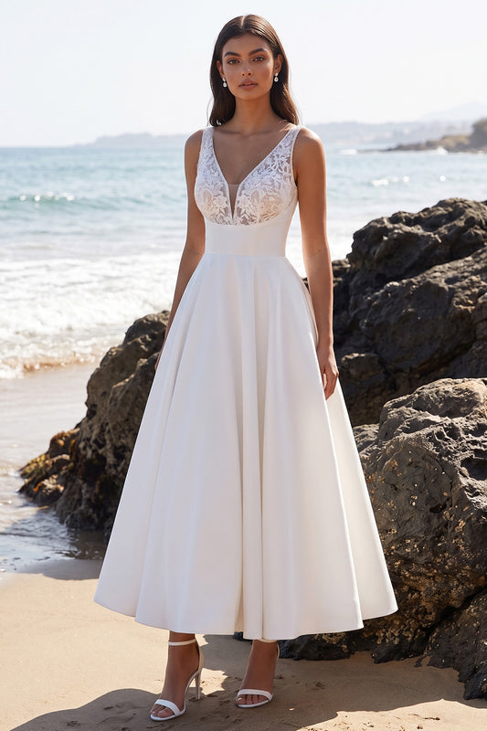 White A-Line Floral V-Neck Satin Long Wedding Dress