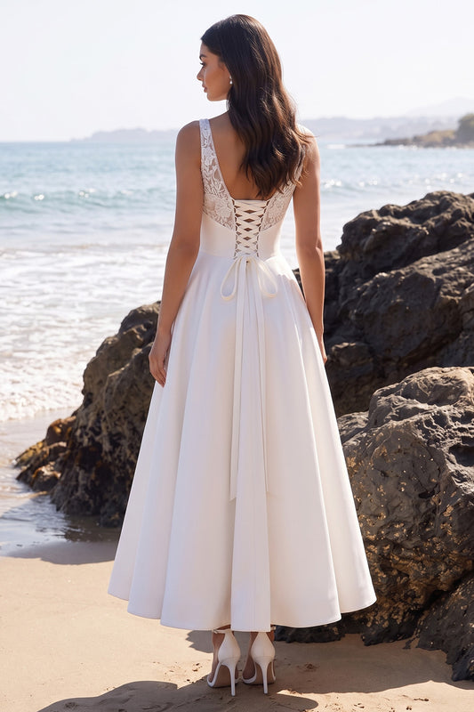 White A-Line Floral V-Neck Satin Long Wedding Dress