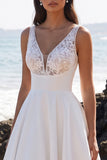 White A-Line Floral V-Neck Satin Long Wedding Dress