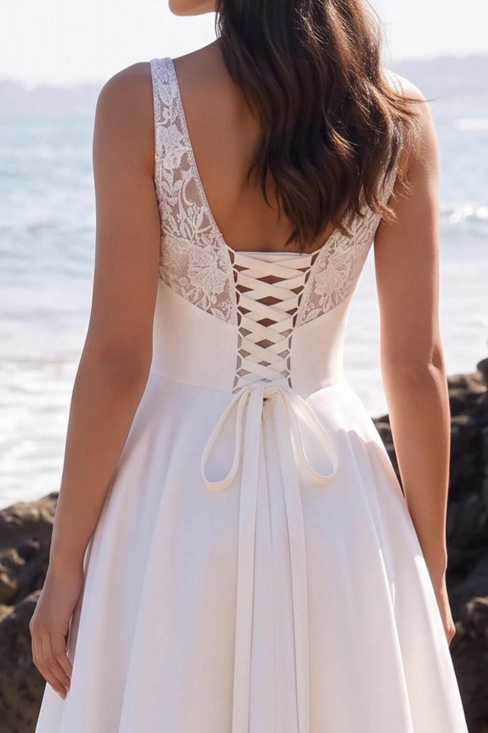 White A-Line Floral V-Neck Satin Long Wedding Dress