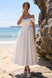 White Corset A-Line Ruched Satin Midi Wedding Dress