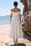 White Corset A-Line Ruched Satin Midi Wedding Dress