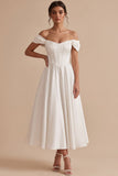 White Corset A-Line Ruched Satin Midi Wedding Dress