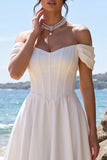 White Corset A-Line Ruched Satin Midi Wedding Dress