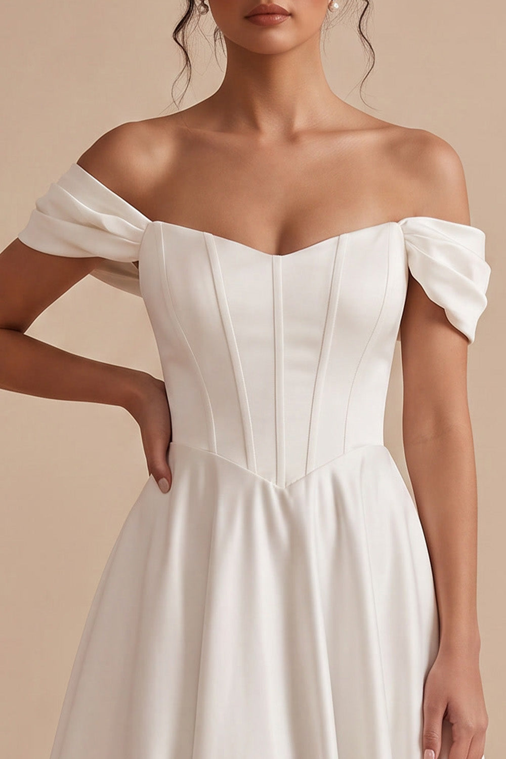 White Corset A-Line Ruched Satin Midi Wedding Dress