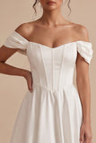 White Corset A-Line Ruched Satin Midi Wedding Dress