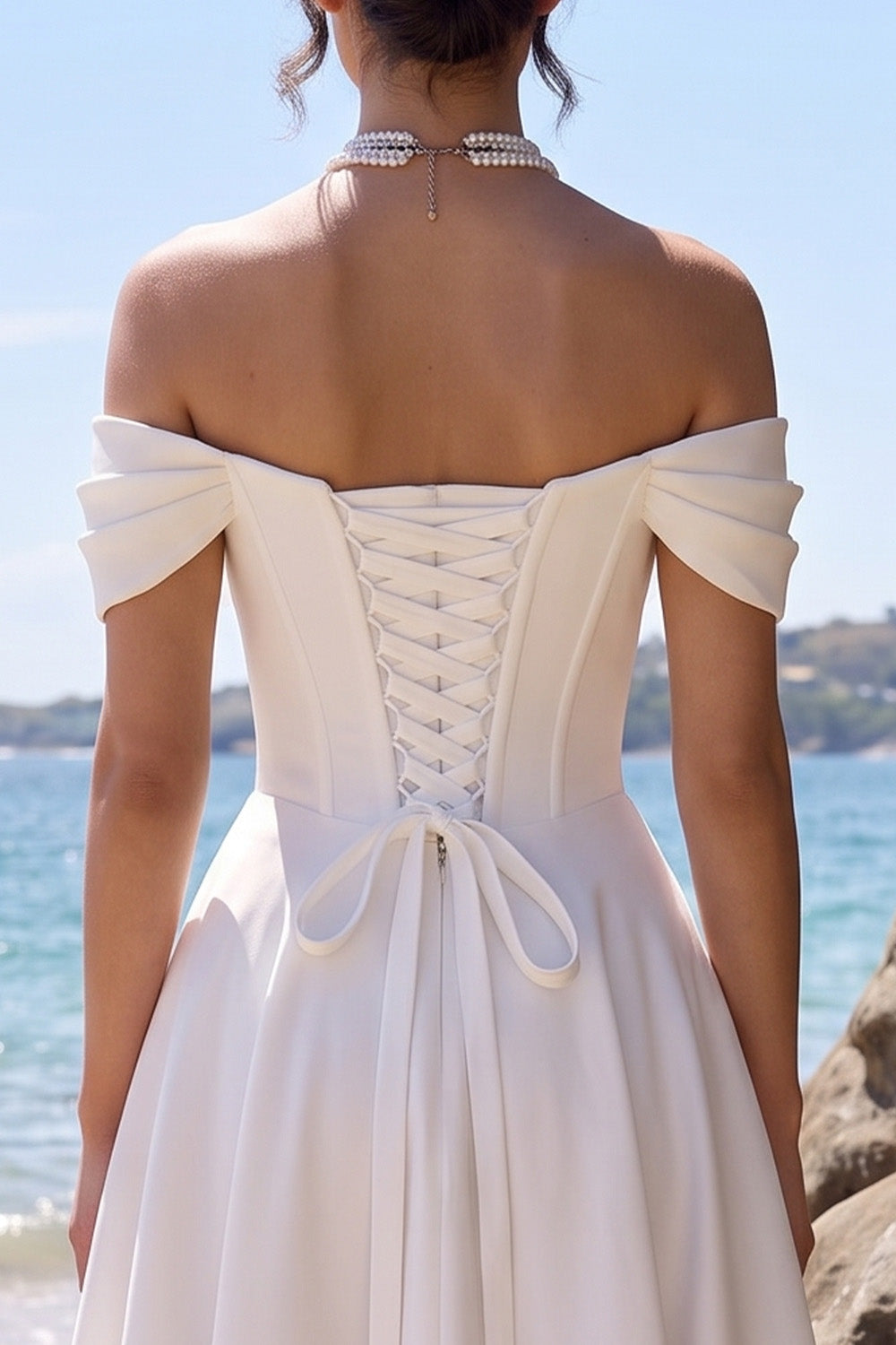 White Corset A-Line Ruched Satin Midi Wedding Dress