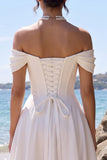 White Corset A-Line Ruched Satin Midi Wedding Dress