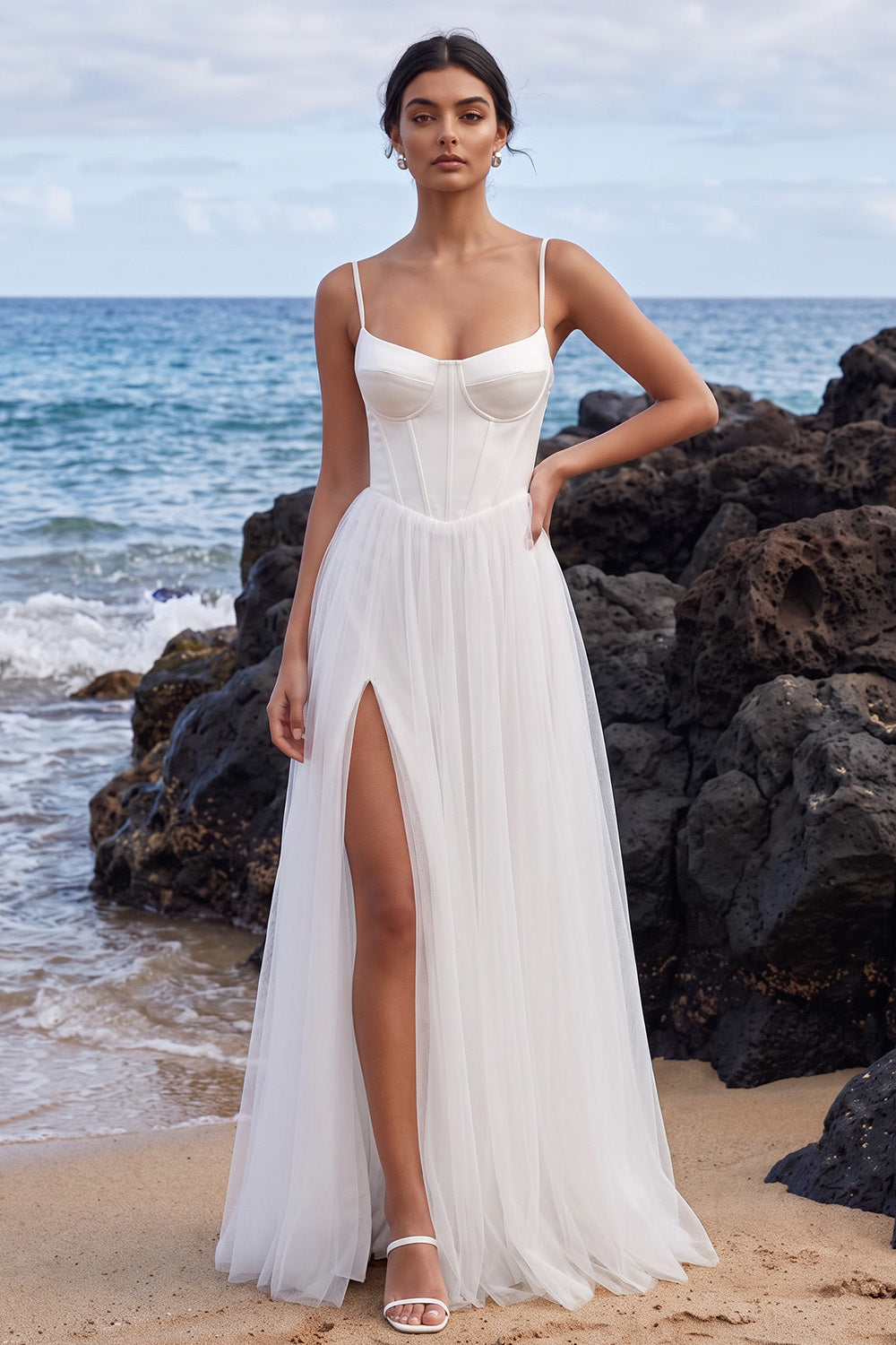 White Corset A-Line Floor-Length Tulle Beach Wedding Dress with Slit
