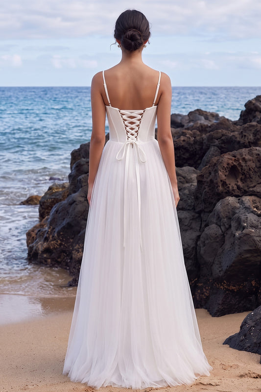White Corset A-Line Floor-Length Tulle Beach Wedding Dress with Slit