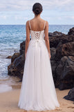 White Corset A-Line Floor-Length Tulle Beach Wedding Dress with Slit