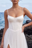White Corset A-Line Floor-Length Tulle Beach Wedding Dress with Slit