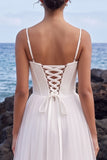 White Corset A-Line Floor-Length Tulle Beach Wedding Dress with Slit